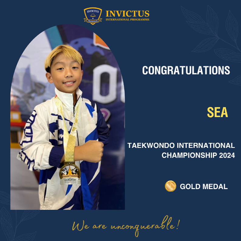 A smiling student in a white and blue taekwondo jacket holding up a gold medal from the Taekwondo International Championship 2024, standing proudly under the Invictus International Programme logo.