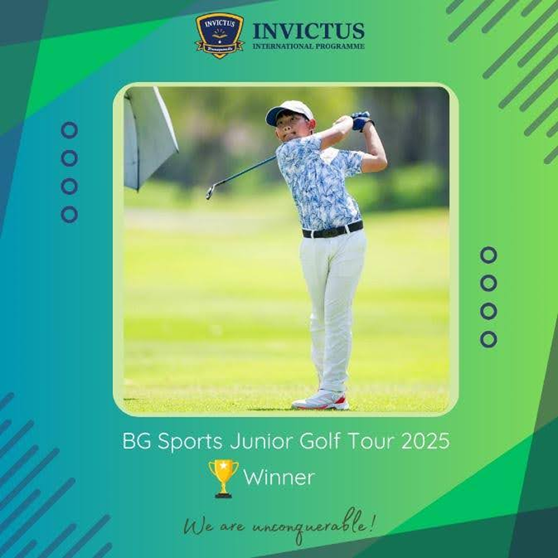 A young student in mid-swing playing golf on a sunny green course, representing Invictus International Programme. The image includes a “Winner” banner for the BG Sports Junior Golf Tour 2025.
