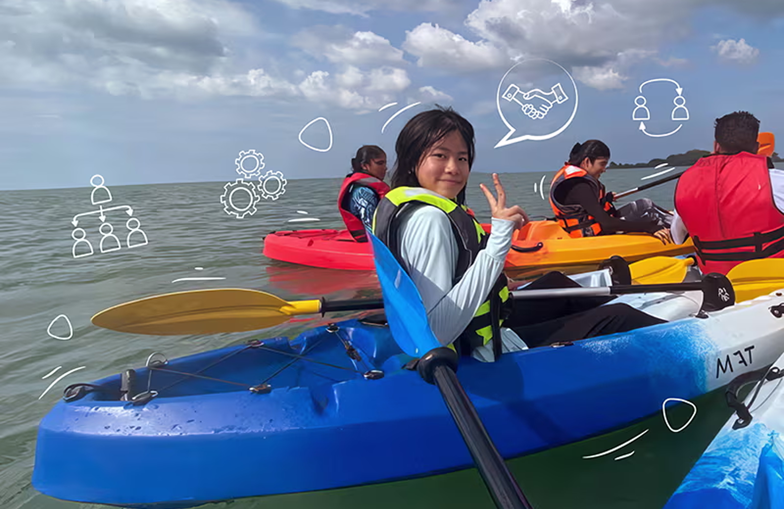 A group of secondary students enjoy a kayaking activity during an outdoor expedition, developing teamwork and leadership skills at Invictus International School.