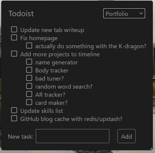 A screenshot of the Todoist panel, showing tasks to do for this portfolio.