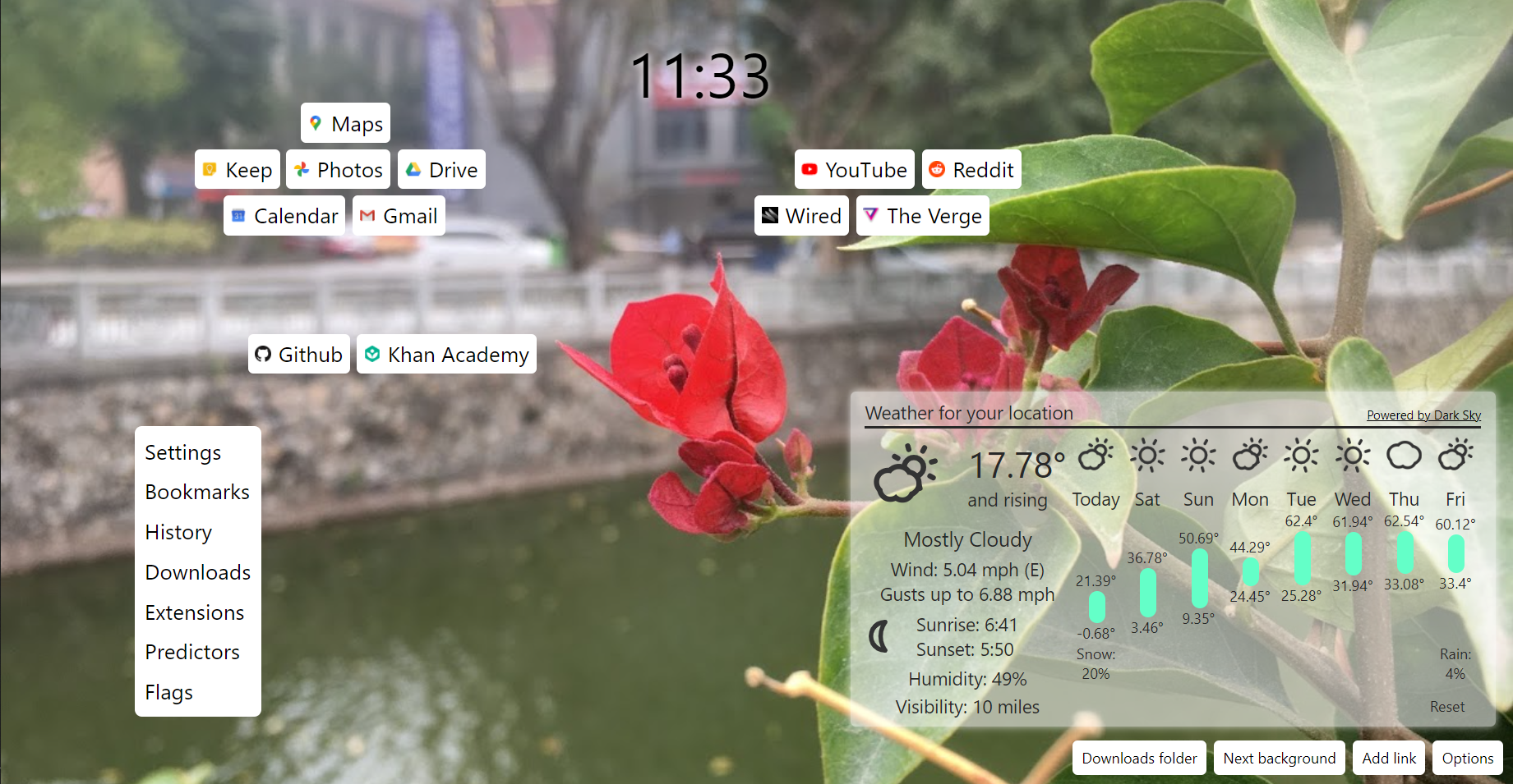 A screenshot of the my new tab extension, showing a background with some flowers, links to various websites, and weather