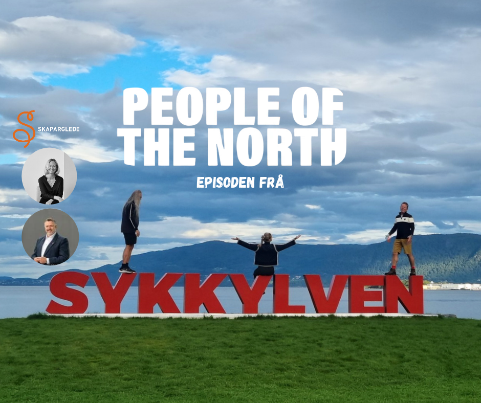 BIlde av people of the North logoen, tre mennesker sittende/ stående på Sykkylven skilt og bilde av ordførar og janne strømmen, marknadssjef på Ekornes