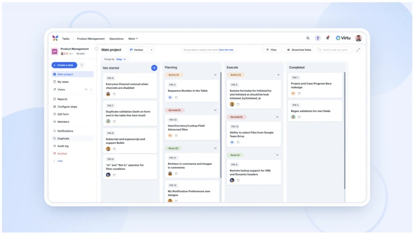 Kanban project management dashboard showing tasks organized by status including not started, planning, execute, and completed.