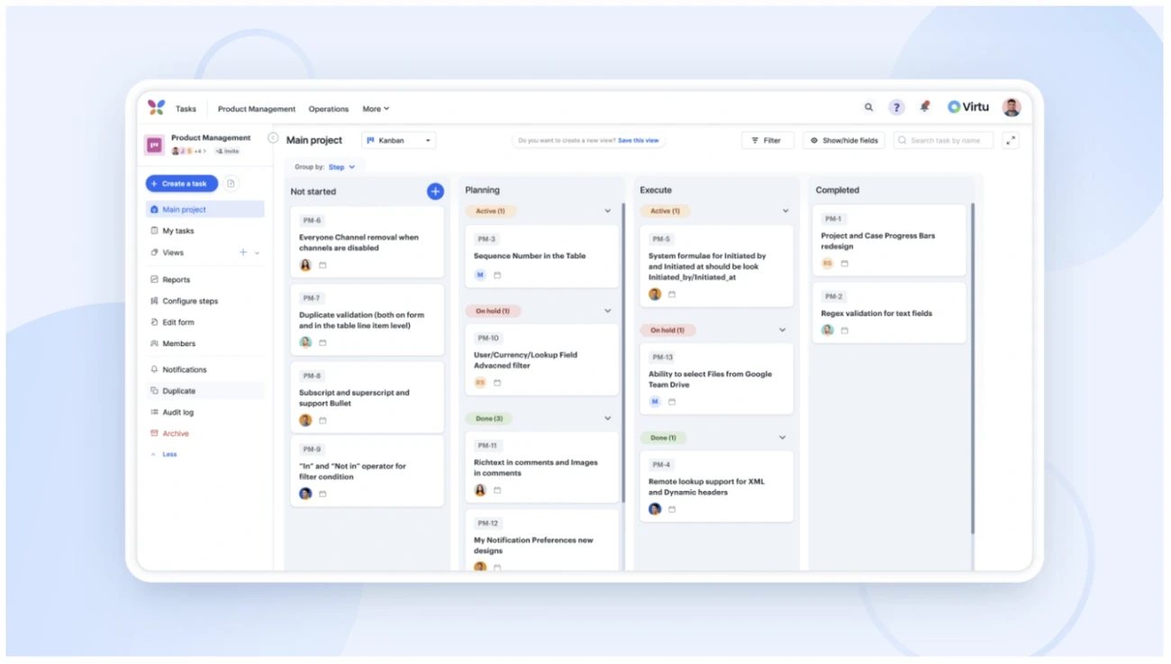 Kanban project management dashboard showing tasks organized by status including not started, planning, execute, and completed.