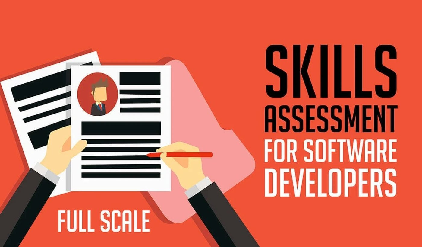 Illustration of hands holding and marking a resume with text 'Skills Assessment for Software Developers' on an orange background.