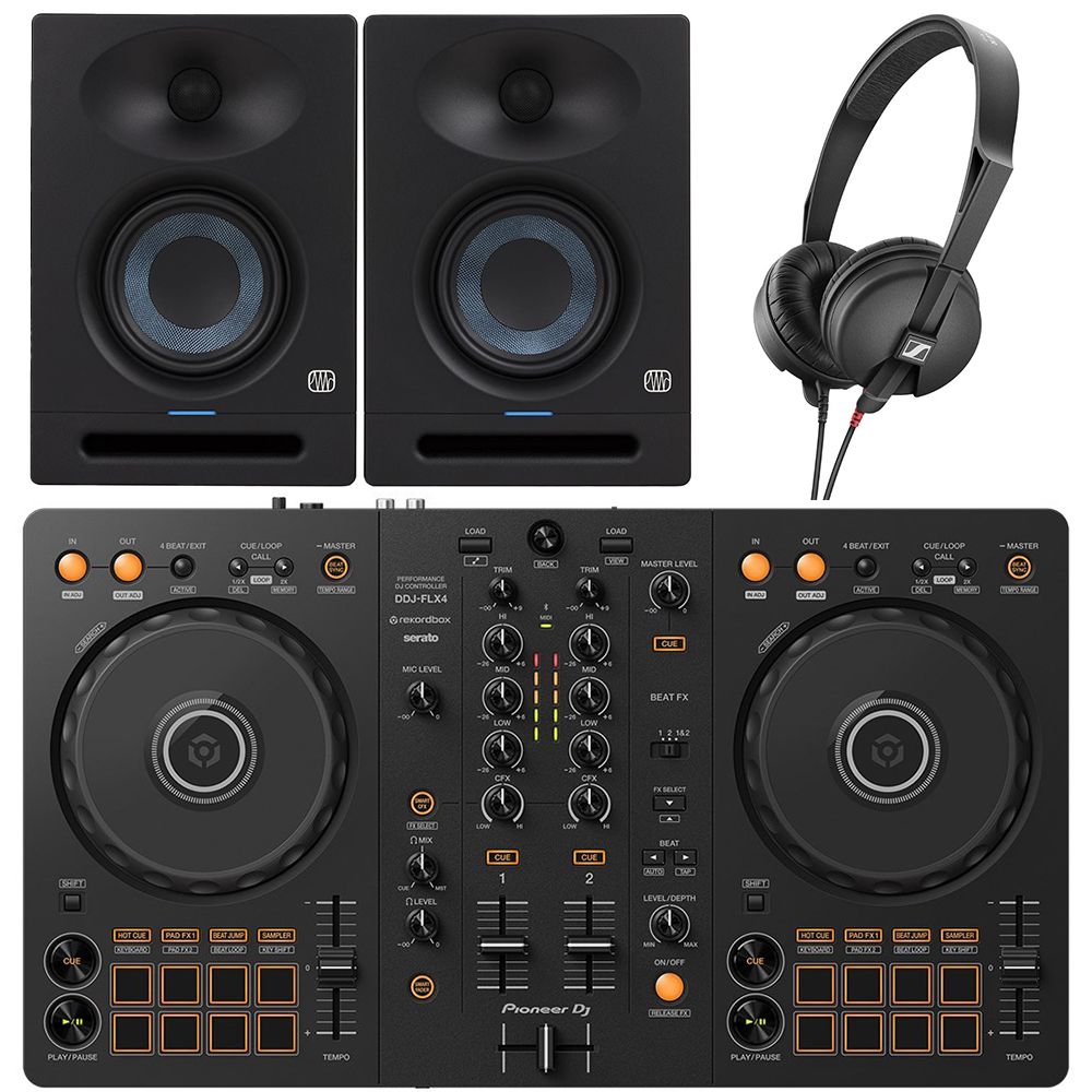Pioneer DDJFLX4 Bundle w/ Presonus Studio 4 Monitors & HD25 Light