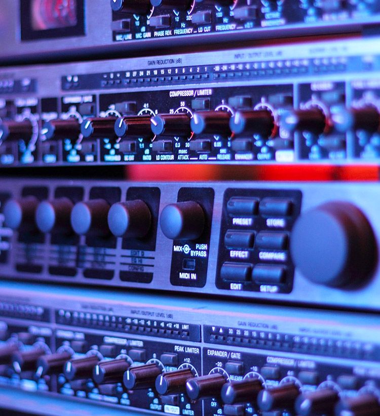 Close-up of rack of audio processors