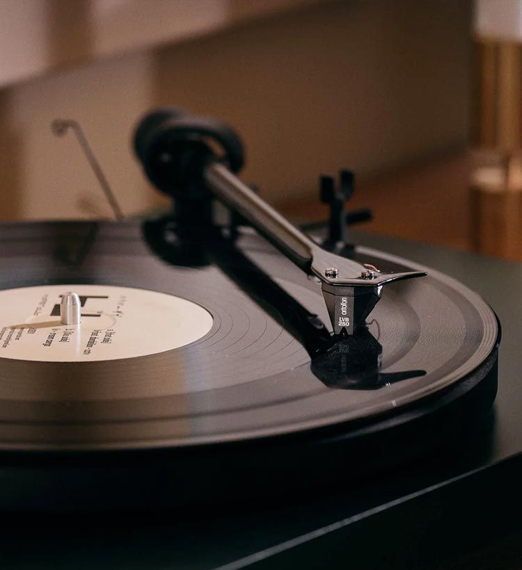 Close up of Ortofon stylus on record