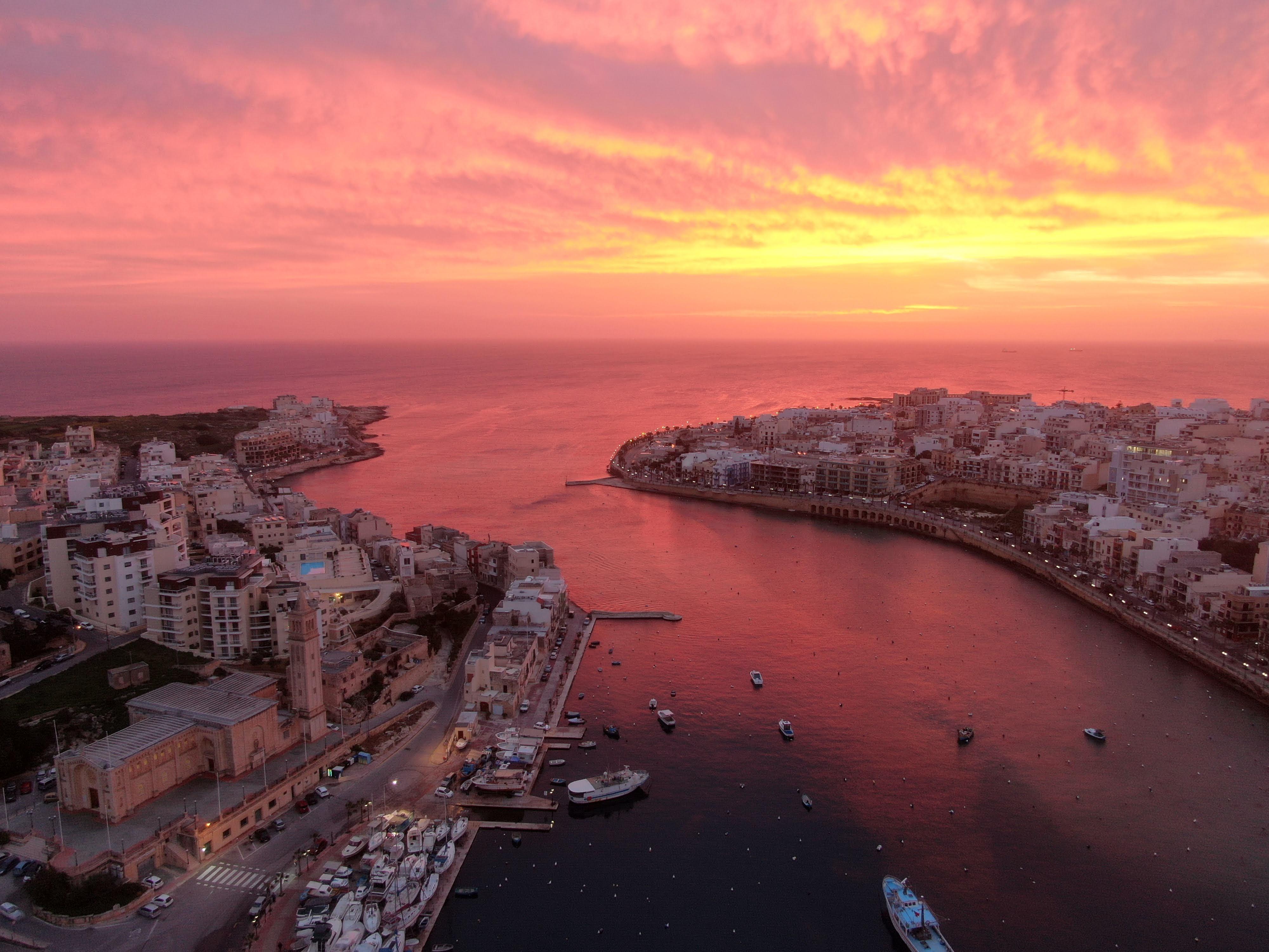 Aerial view of Marsascala Bay at sunset