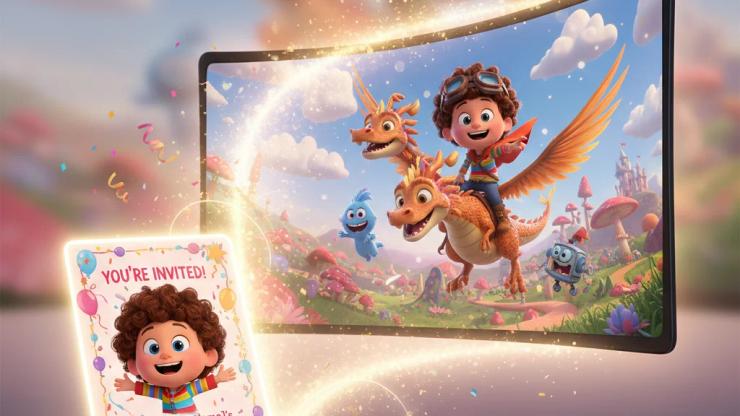 Digital birthday invitation glows, transforming into an animated movie scene with a child protagonist.