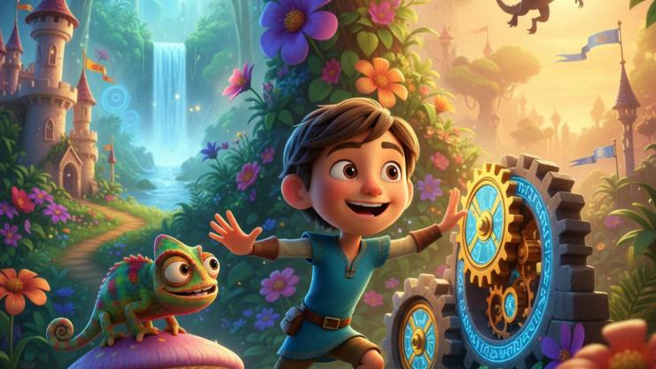 Child high-fives a chameleon, about to solve a puzzle, in a fantasy world with a castle, jungle, and dragon.