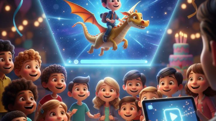 Happy children watch a glowing projection of an animated child flying on a dragon at a birthday party.
