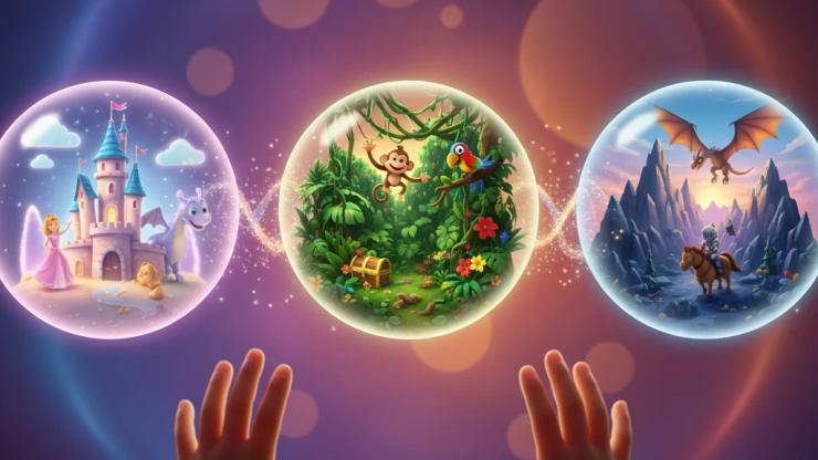 Three magical world bubbles: fairytale castle, jungle, dragon fantasy. Child's hands reach for jungle world.