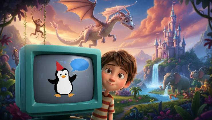 Child peeking at dancing penguin on screen; blurred dragon, castle, jungle in background.