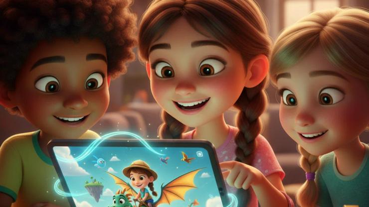 Three children gather around a glowing screen, one pointing at their animated face in a fantasy scene.