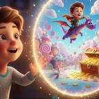 Young child gazes at a magical portal showing an animated child on an adventure.