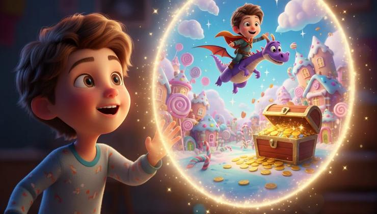 Young child gazes at a magical portal showing an animated child on an adventure.