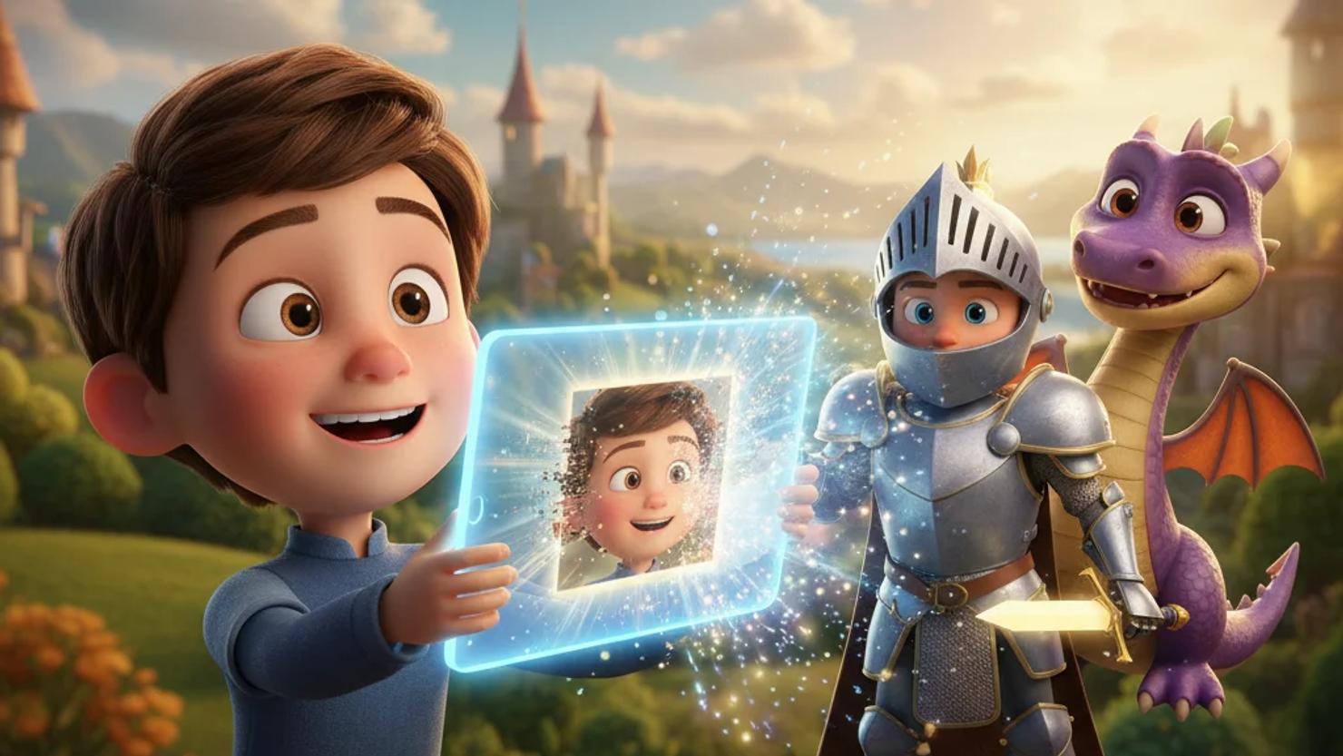 Child holds glowing tablet, a photo on screen transforms into an animated character with a fantasy background.