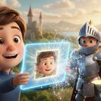 Child holds glowing tablet, a photo on screen transforms into an animated character with a fantasy background.