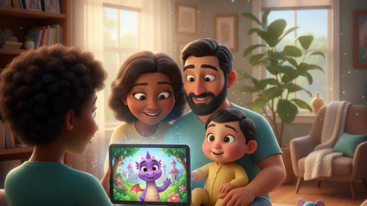 Family watches a screen in a cozy living room. Child on lap, captivated by a fantastical animated world.