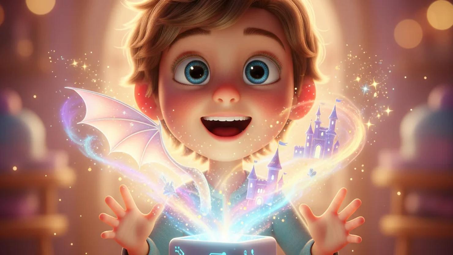 Child watches a magic box emitting a swirling vortex of light, forming a dragon wing, castle, and stars.