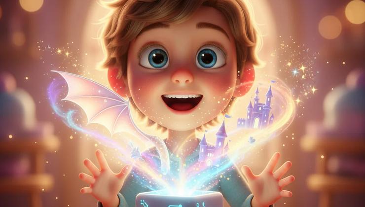 Child watches a magic box emitting a swirling vortex of light, forming a dragon wing, castle, and stars.