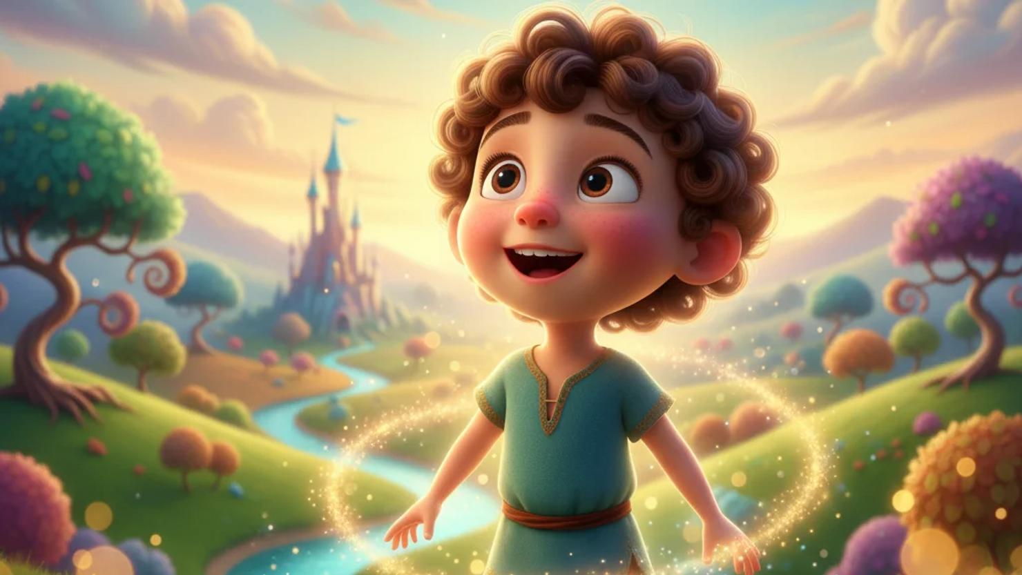 Young child gazes in wonder amidst a fantastical, colorful landscape with magical elements.