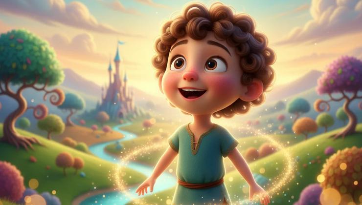 Young child gazes in wonder amidst a fantastical, colorful landscape with magical elements.
