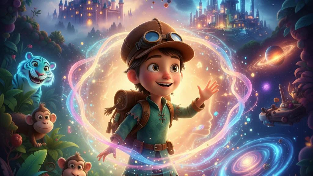 A child's face transforms into a cartoon character, surrounded by a castle, jungle, and futuristic city.