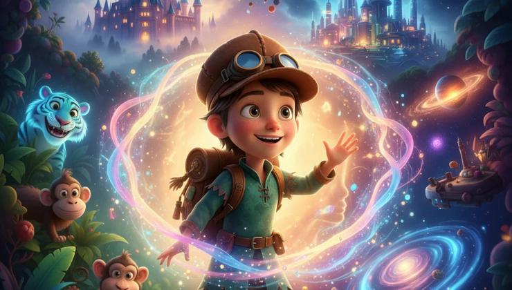 A child's face transforms into a cartoon character, surrounded by a castle, jungle, and futuristic city.