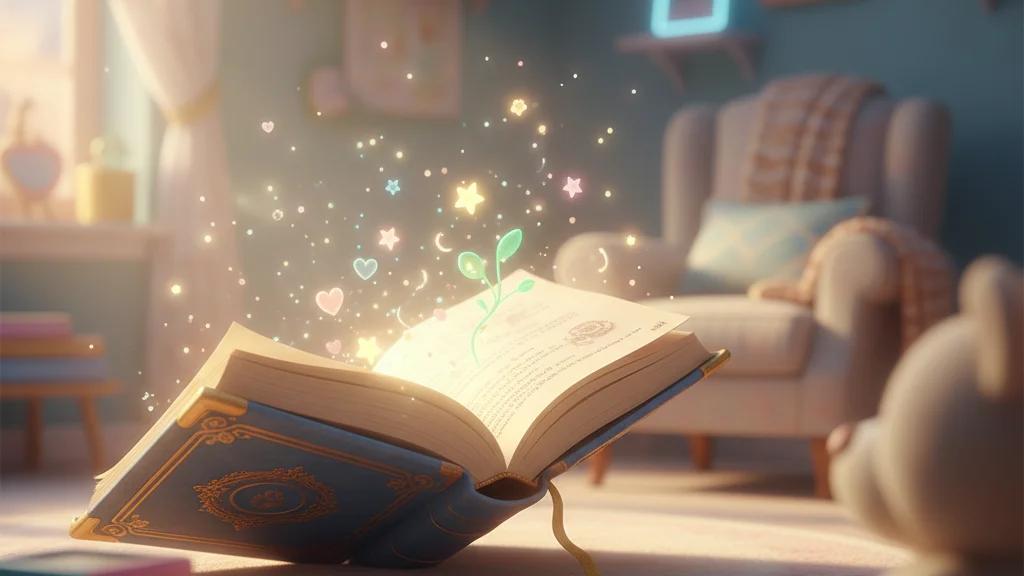 Open time capsule box glows, revealing a heart, star, and sprout. Blurred toy in foreground, armchair in background.