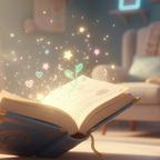 Open time capsule box glows, revealing a heart, star, and sprout. Blurred toy in foreground, armchair in background.