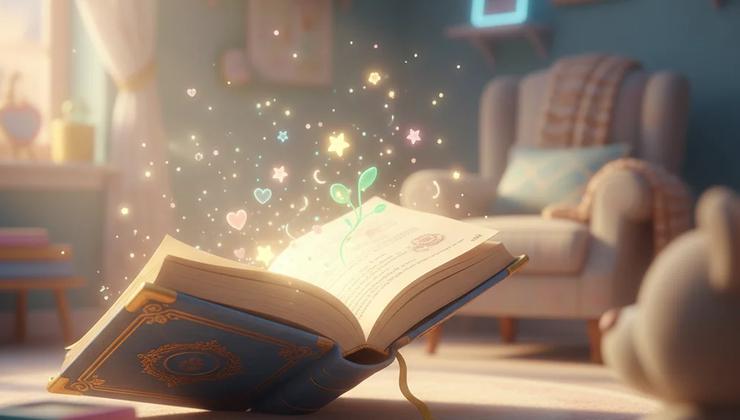 Open time capsule box glows, revealing a heart, star, and sprout. Blurred toy in foreground, armchair in background.