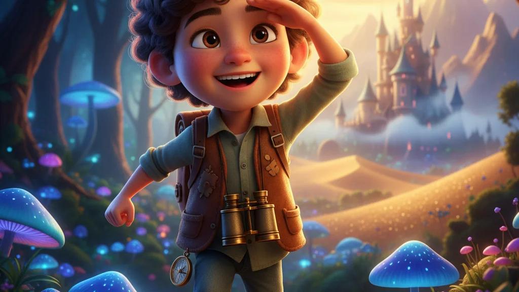 Child's face on cartoon knight, mid-adventure in a fantastical, blurred landscape.