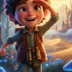 Child's face on cartoon knight, mid-adventure in a fantastical, blurred landscape.