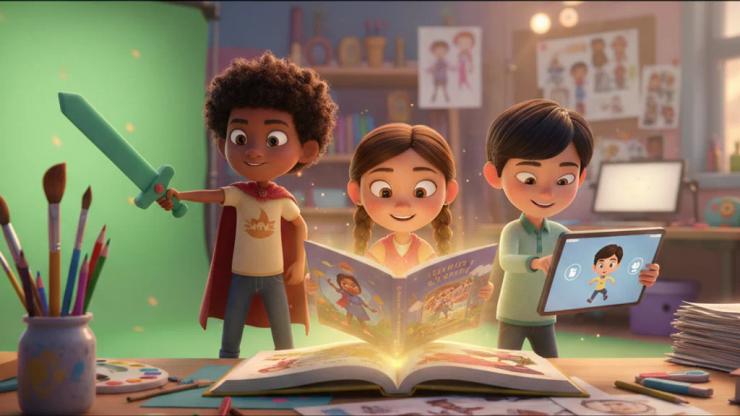 Three diverse children play in a vibrant creative studio: one with a toy sword, one with a glowing storybook, one with a tablet.