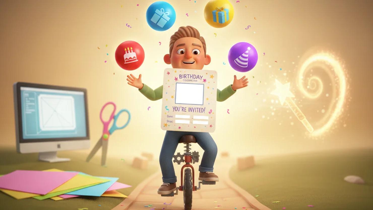 Parent on unicycle juggles bouncy balls with cake, gift, hat, and invitation icons; DIY tools and magic wand in background.