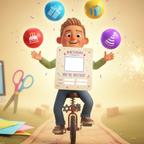 Parent on unicycle juggles bouncy balls with cake, gift, hat, and invitation icons; DIY tools and magic wand in background.