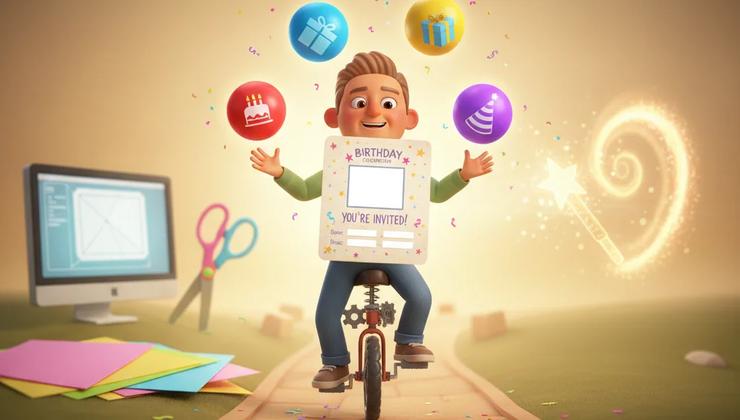 Parent on unicycle juggles bouncy balls with cake, gift, hat, and invitation icons; DIY tools and magic wand in background.