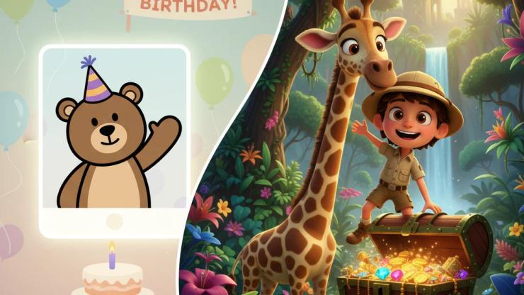 Left: cartoon bear on screen at party. Right: child knight rides dragon through clouds.