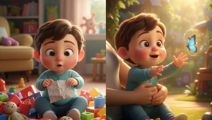 Child with toys on left, child with parent in nature on right, divided scene.