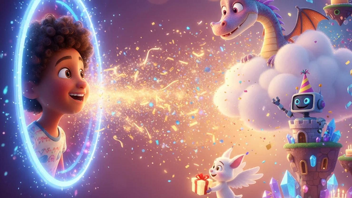 Joyful child emerges from a shimmering portal, surrounded by magical creatures and glowing birthday elements.