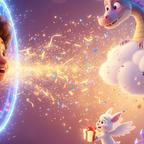Joyful child emerges from a shimmering portal, surrounded by magical creatures and glowing birthday elements.