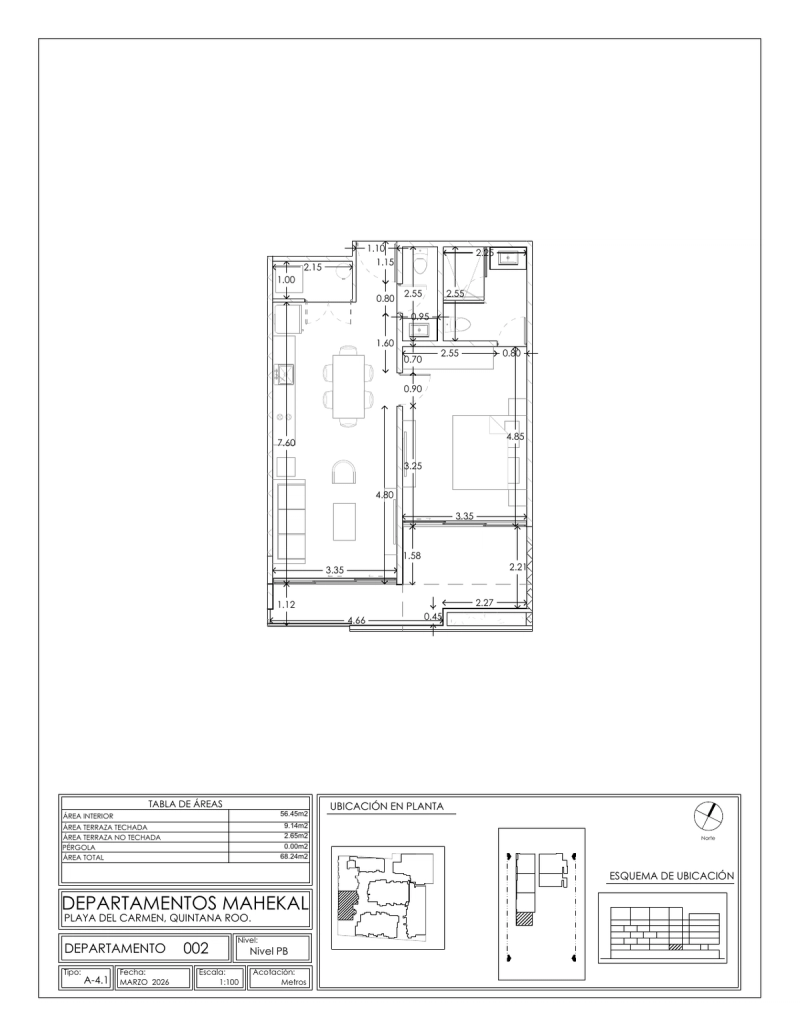 Plano de la unidad 002 (1 recámara, 68.24 m²)