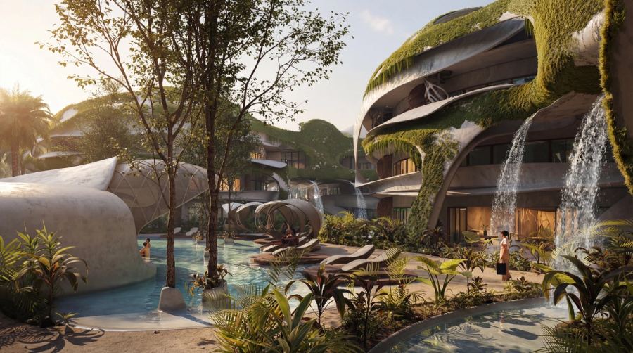 Torres de Azulik Residences con su alberca y cascadas, render del desarrollador