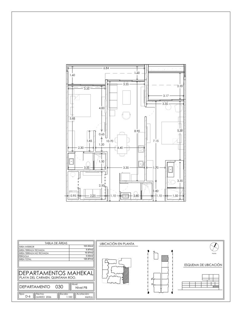 Plano de la unidad 030 (2 recámaras y estudio, 120.87 m²)