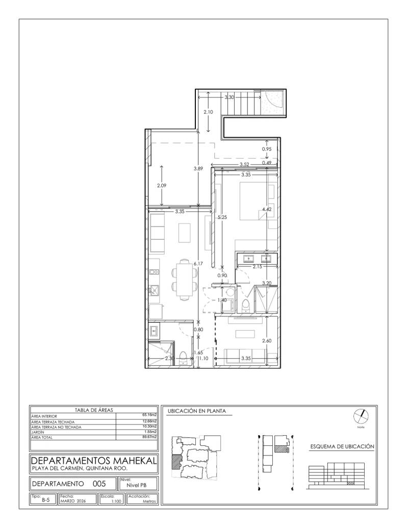Plano de la unidad 005 (1 recámara y estudio, 89.67 m²)