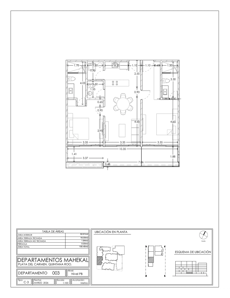 Plano de la unidad 003 (2 recámaras, 100.45 m²)