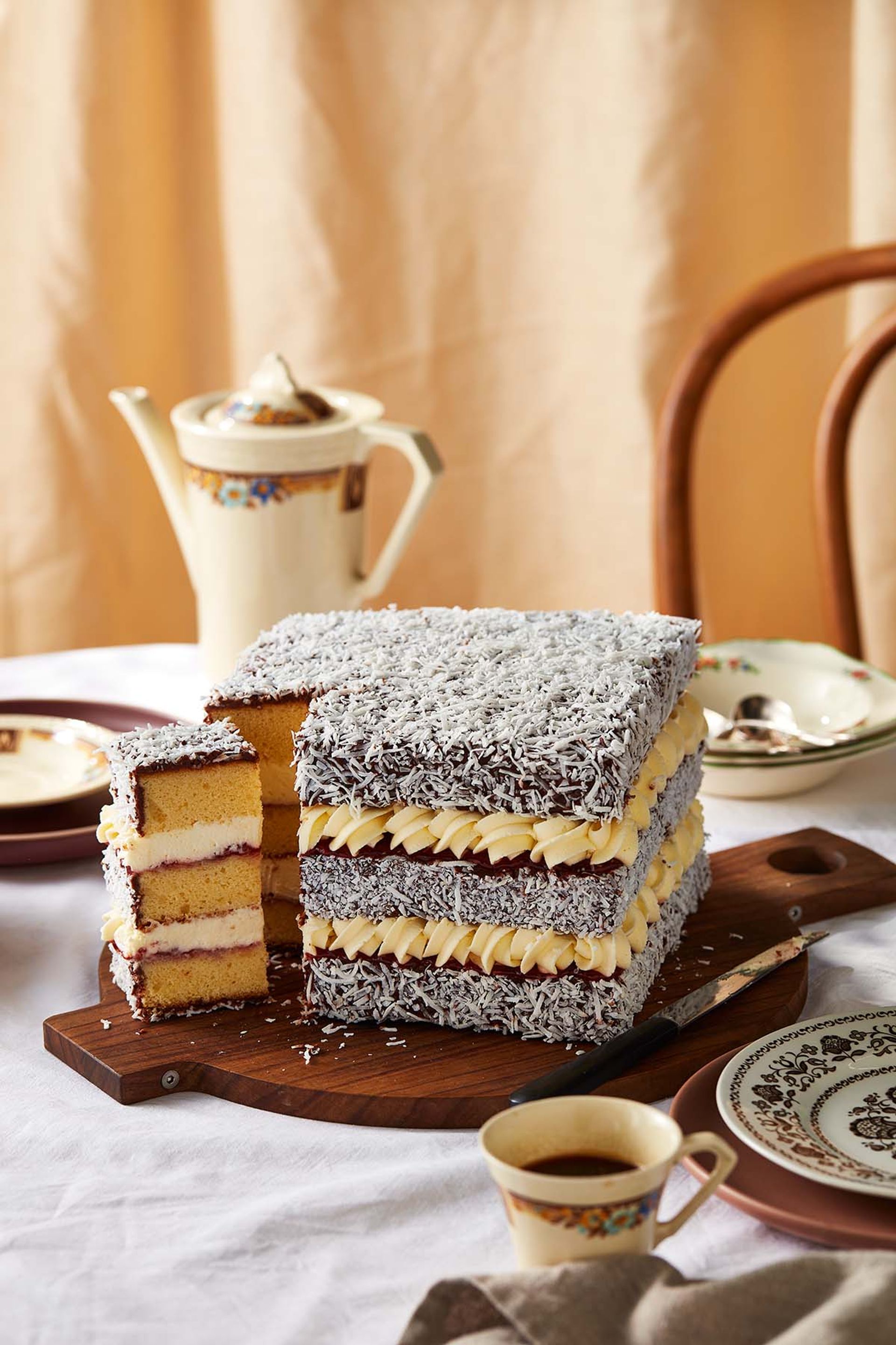 Lamington cake with a cut piece