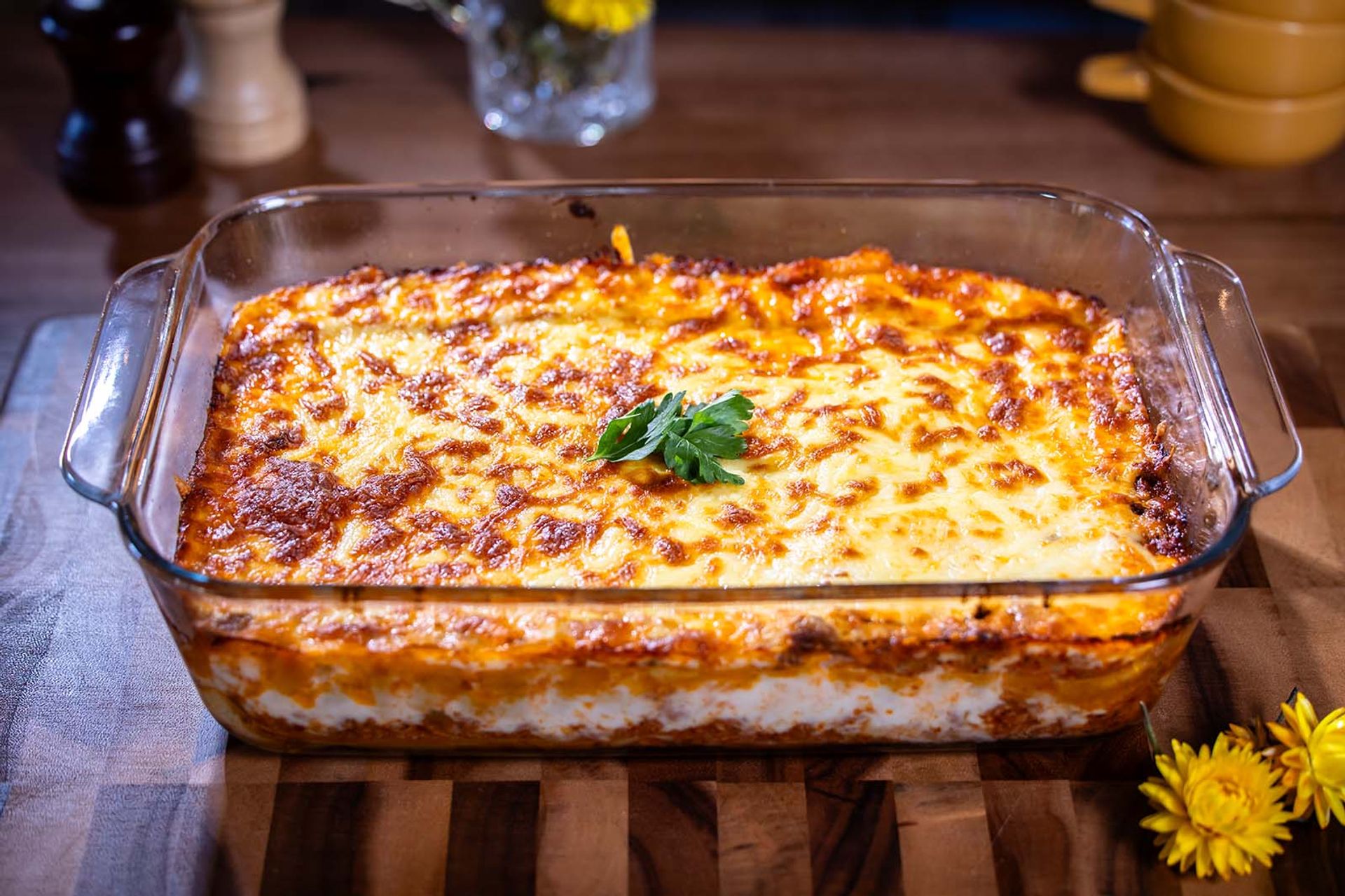 Lasagna in a glass baking dish